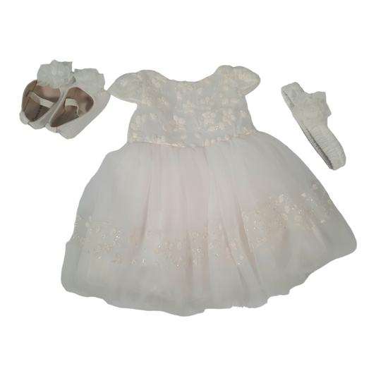 Gold Kids dress with matching headband and shoes