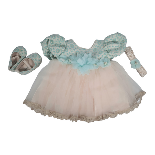 Gold Kids dress with matching headband and shoes