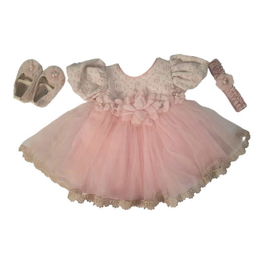 Gold Kids dress with matching headband and shoes